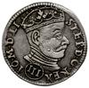 trojak 1580, Wilno; głowa króla dzieli napis u góry, nominał III w okrągłym kartuszu u dołu awersu..