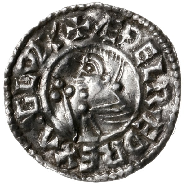 denar typu crux, 991-997, mennica London, mincerz Leofstan