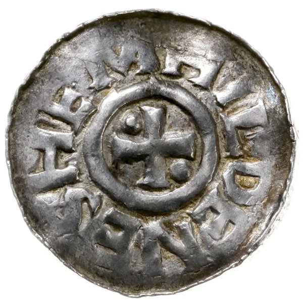 denar, ok. 1000-1005; Aw: Głowa w diademie w lew