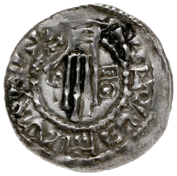 denar 1002-1024; Aw: Głowa króla w koronie w pra