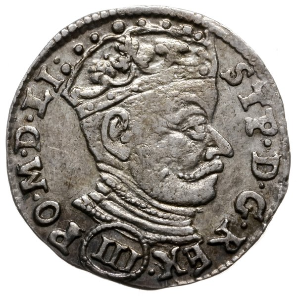 trojak 1580, Wilno, błąd w tytulaturze króla STP, głowa króla dzieli napis u góry, nominał III w owalnym kartuszu pod popiersiem