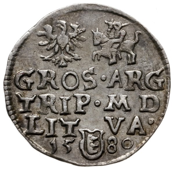 trojak 1580, Wilno, błąd w tytulaturze króla STP, głowa króla dzieli napis u góry, nominał III w owalnym kartuszu pod popiersiem
