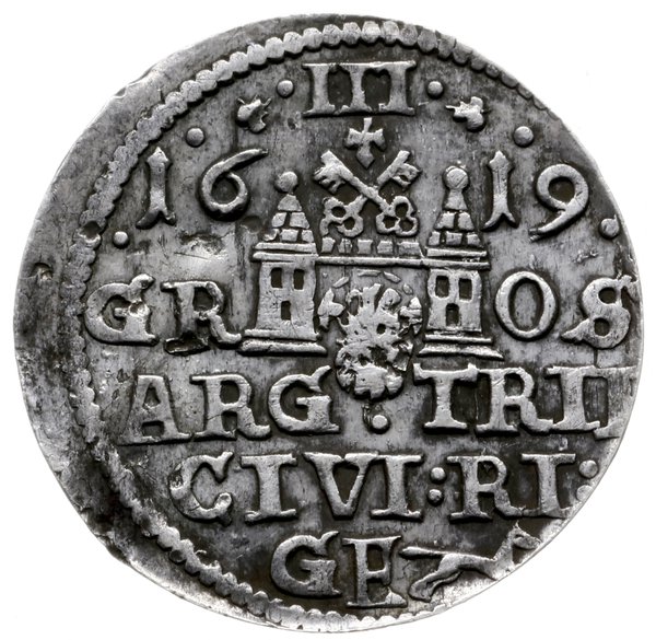 trojak 1619, Ryga; mała głowa króla, trójlistki 