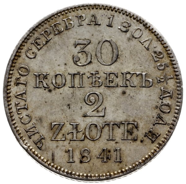 30 kopiejek = 2 złote 1841, Warszawa; ogon Orła 