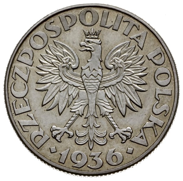 2 złote 1936, Warszawa; Żaglowiec, wypukły napis