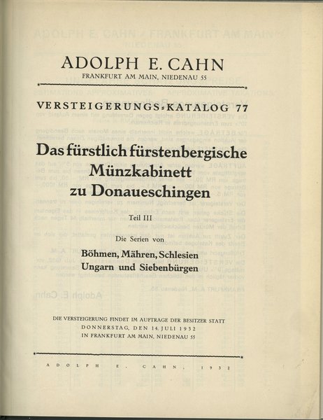 Adolph E. Cahn - Versteigerungs-Katalog 77; Das 