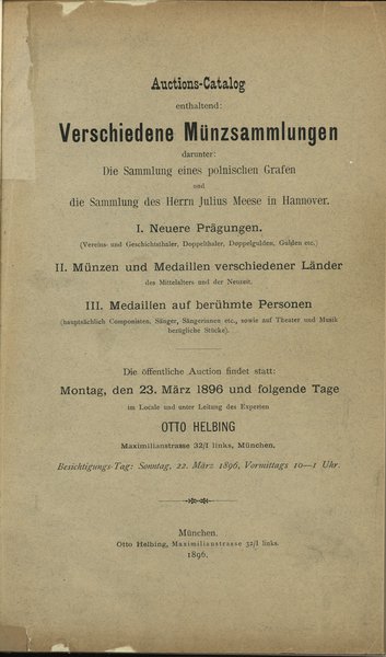 Otto Helbing - Auktions-Catalog: Verschidene Münzsammlungen, Die Sammlung eines polnischen Grafen und die Sammlung des Herrn Julius Meese in Hannover