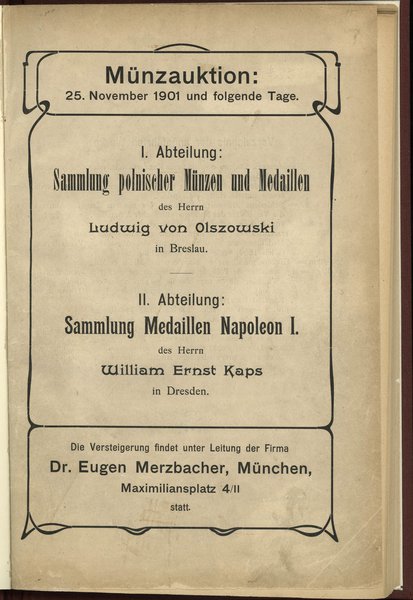 Dr. Eugen Merzbacher - Münzauktion ... Sammlung polnischer Münzen und Medaillen des Herrn Ludwik von Olszowski in Breslau