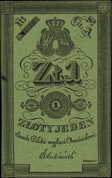 1 złoty, numeracja 776120, podpis H. Łubieński, papier zielony ze znakiem wodnym