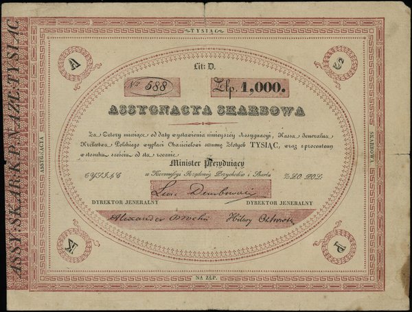 asygnata skarbowa na 1.000 złotych 1831; litera 