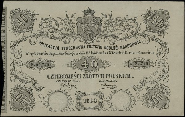 Pożyczka Ogólna Narodowa Polska, obligacja tymczasowa na 40 złotych 1863, numeracja 00749