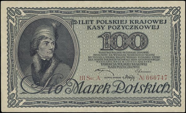 100 marek polskich 15.02.1919, znak wodny “orły i litery B-P”, seria III-A, numeracja 666747
