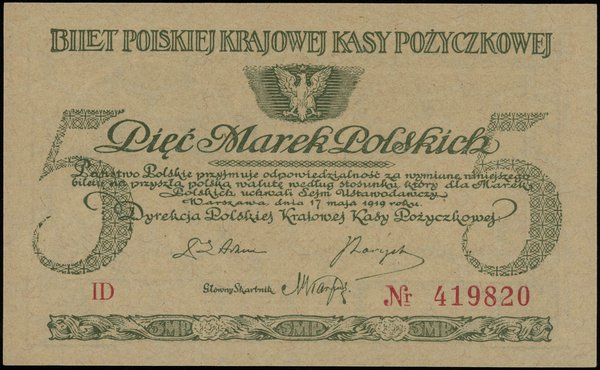5 marek polskich 17.05.1919, seria ID, numeracja 419820