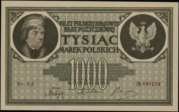 1.000 marek polskich 17.05.1919, seria AA, numeracja 498134, znak wodny “plaster miodu”