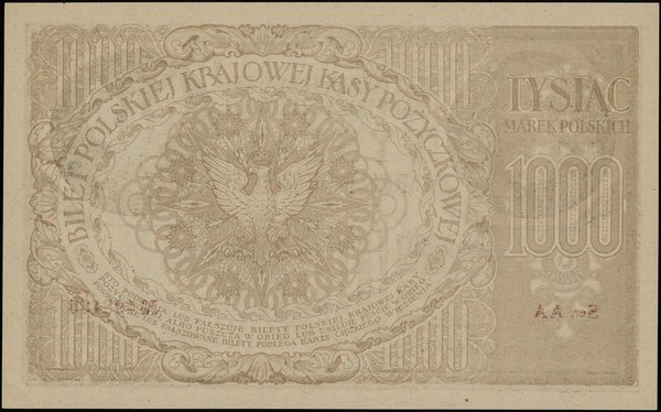 1.000 marek polskich 17.05.1919, seria AA, numeracja 498134, znak wodny “plaster miodu”