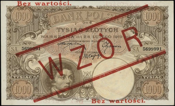 1.000 złotych 28.02.1919, seria A, numeracja 5699991, obustronnie czerwony nadruk Bez wartości / WZÓR / Bez wartości, bez perforacji