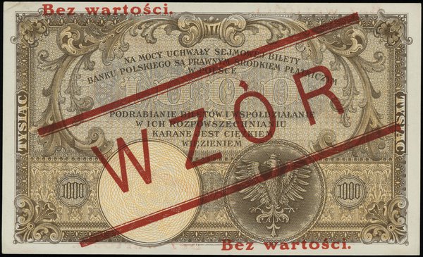 1.000 złotych 28.02.1919, seria A, numeracja 5699991, obustronnie czerwony nadruk Bez wartości / WZÓR / Bez wartości, bez perforacji