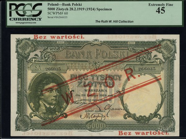 5.000 złotych 28.02.1919, seria A, numeracja 266035, czerwony nadruk Bez wartości / WZÓR / Bez wartości, bez perforacji