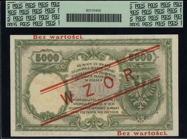 5.000 złotych 28.02.1919, seria A, numeracja 266035, czerwony nadruk Bez wartości / WZÓR / Bez wartości, bez perforacji
