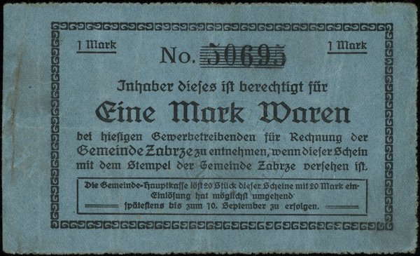 Zabrze; bon na 1 markę ważny do 10.09.1914, nume