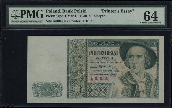50 złotych 15.08.1939, seria A, numeracja 000000, bez nadruków