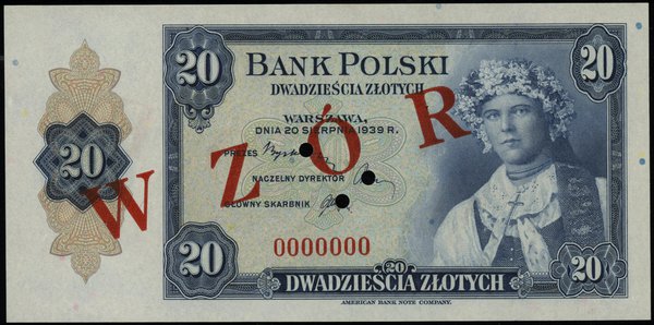 20 złotych 20.08.1939, numeracja 0000000, czerwo