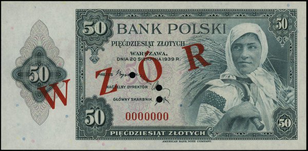 50 złotych 20.08.1939, numeracja 0000000, czerwo