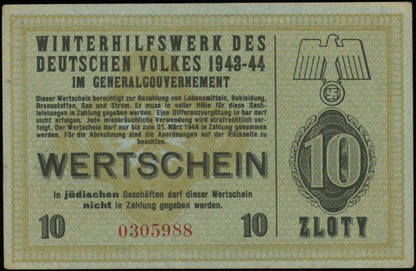 10 złotych 1943-1944; numeracja 0305988, niewype