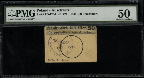 bon na 0.50 marki, bez numeracji, papier kremowy, duży okrąg na stempel Waffen-SS / Konzentrationslager Auschwitz, na stronie odwrotnej stempel z obozu Birkenau