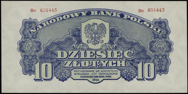 10 złotych 1944, w klauzuli OBOWIĄZKOWE, seria Bn, numeracja 601443