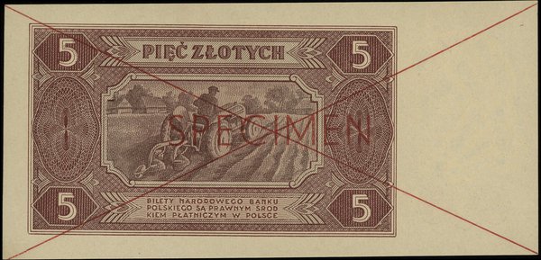 5 złotych 1.07.1948, seria AL, numeracja 1234567, czerwone dwukrotne skleślenie i poziomo “SPECIMEN”