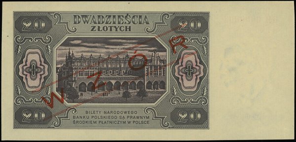 20 złotych 1.07.1948, seria GB, numeracja 0000003, obustronny czerwony ukośny nadruk “WZÓR”