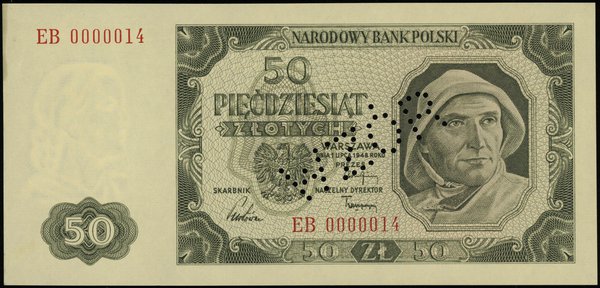 50 złotych 1.07.1948, seria EB, numeracja 0000014, bez nadruku, pefroracja WZÓR