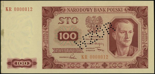 100 złotych 1.07.1948, seria KR, numeracja 00000