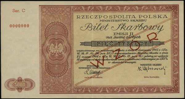 bilet skarbowy na 5.000 złotych 25.03.1946, WZÓR, seria C 0000000, II emisja