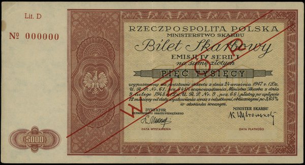 bilet skarbowy na 5.000 złotych 9.02.1948, WZÓR,