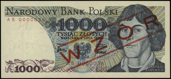 1.000 złotych 2.07.1975, seria AB, numeracja 0000036, czerwony ukośny nadruk “WZÓR” / “SPECIMEN”
