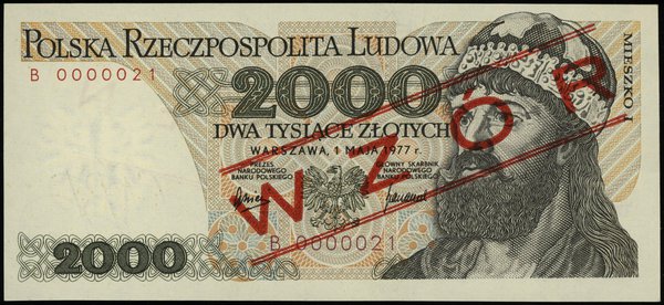 2.000 złotych 1.05.1977, seria B, numeracja 0000021, czerwony ukośny nadruk “WZÓR” / “SPECIMEN”