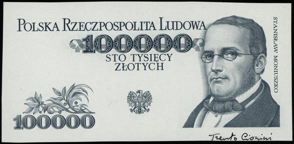 100.000 złotych bez daty (emisja 1.02.1990), jednostronny niepełny druk stalorytniczy w kolorze granatowym strony głównej, na stronie odwrotnej wklęsłe przetłoczenia