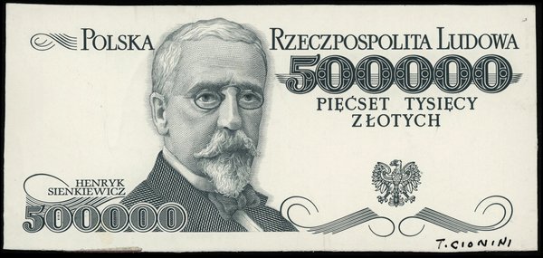 500.000 złotych bez daty (emisja 20.04.1990), jednostronny niepełny druk stalorytniczy w kolorze granatowym strony głównej
