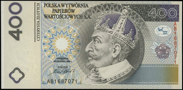 banknot testowy 400 złotych 24.12.1996, Zygmunt III Waza, seria AB, numeracja 1687071