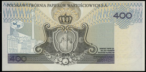 banknot testowy 400 złotych 24.12.1996, Zygmunt III Waza, seria AB, numeracja 1687071