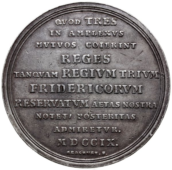 medal autorstwa Heinricha Paula  Groskurta wybity w 1709 r, z okazji zjazdu i podpisania przymierza trzech Fryderyków