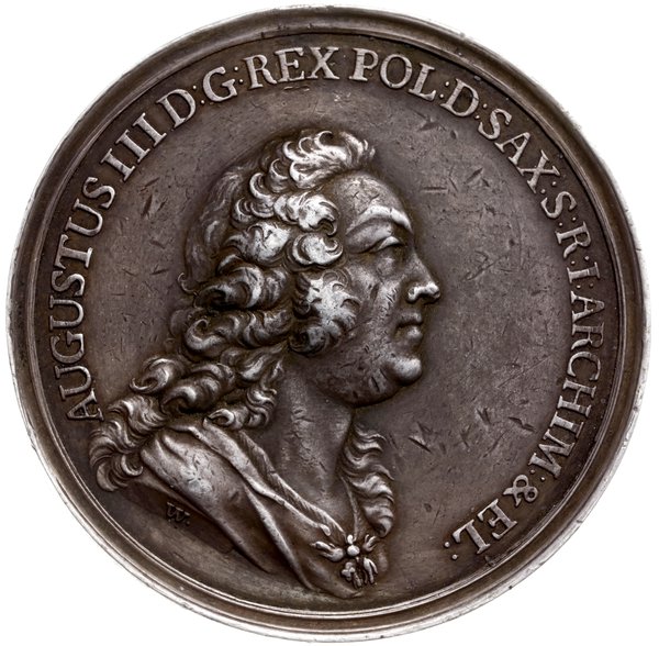 medal zaślubinowy królewicza Fryderyka Christiana z Antoniną Bawarską 1747 r, sygnowany W -(P.P. Werner), Aw: Popiersie króla w prawo i napis AUGUSTUS III D G REX POL D SAX S R I ARCHIM & EL.