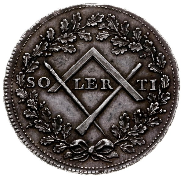 medal nagrodowy -SOLERTI - Zręcznemu, (ok 1770 r.), niesygnowany, Aw: W wieńcu laurowym monogram królewski SAR, nad nim korona, Rw: W wieńcu dębowym węgielnica, dłuto i rylec ułożone w czworobok, pośrodku napis SO-LER-TI,  srebro 26 mm, 6.77 g., Więcek 21, H-Cz. 3389 (R1), Racz. 502, na obrzeżu ornament liściasty, ładnie zachowany, patyna. Medal został ustanowiony przez króla pod koniec lat 60-tych z przeznaczeniem dla wyróżniajacych się artystów plastyków, a szczególnie dla rzeźbiarzy