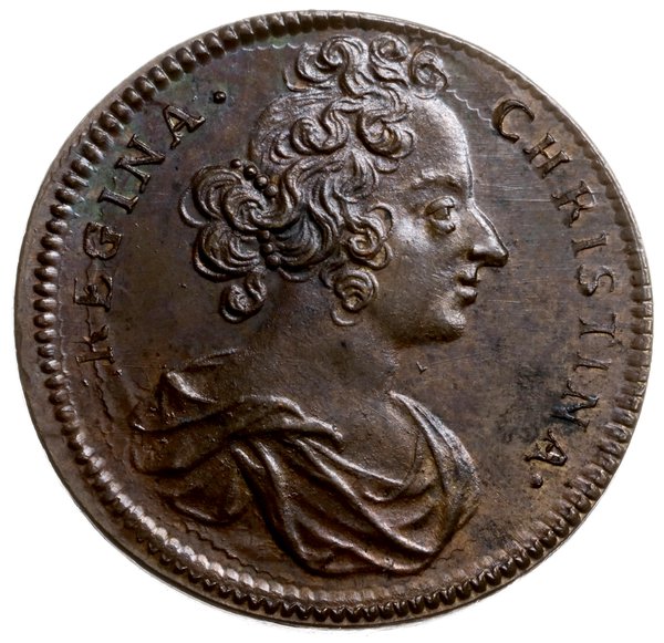 medal pamiątkowy z 1665 r., niesygnowany autorstwa G F Travaniego wydany w Rzymie, gdzie po abdykacji od 1656 r. królowa przebywała aż do swojej śmierci w 1689 r., Aw: Popiersie królowej w prawo i napis CHRISTINA REGINA, Rw: Feniks odradzający się z popiołów i napis MAKEΛΟΣ, miedź 27 mm, 13.21 g., Hildebrand I S. 312, 104b, ładnie zachowany, patyna
