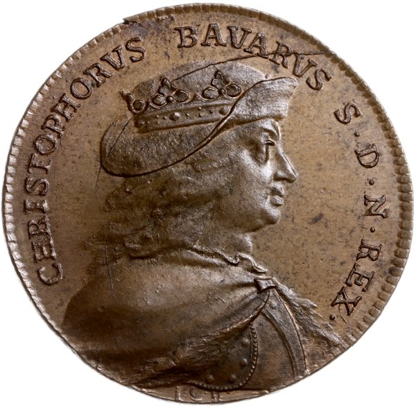Krzysztof Bawarski 1441-1448, medal ze suity królewskiej autorstwa J. C. Hedlinger’a bity po 1730 roku, Aw: Popiersie kw kapeluszu w prawo i napis CHRISTOPHORVS BAVARVS S D N REX, Rw: Napis poziomy w 9 wierszach,32 mm, brąz 32 mm, 14.05 g., Hildebrand II. S. 556, pięknie zachowany