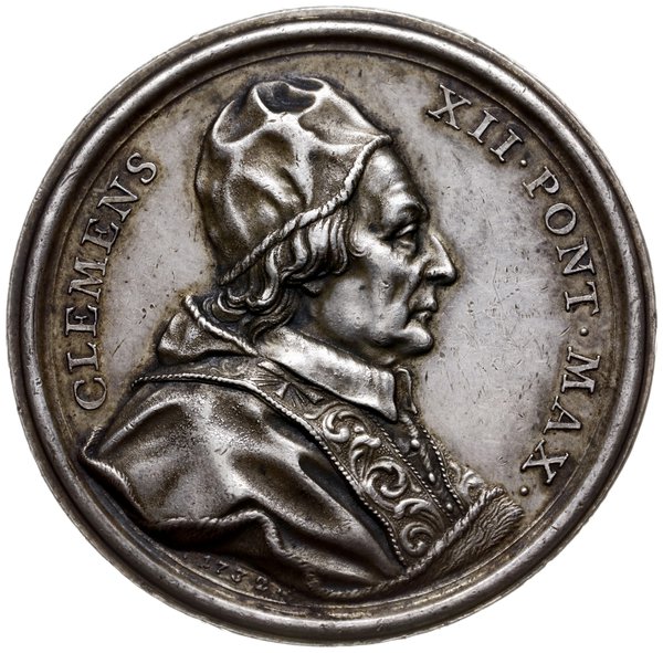 medal 1732 r. niesygnowany, autorstwa E. Hameraniego, wybity z okazji 3 roku pontyfikatu, Aw: Popiersie w prawo i napis CLEMENS XII PONT MAX, pod popiersiem data 1732, Rw: Napis IVSTITIA FIRMATVR SOLIVM ANNO SALVTIS MDCCXXXII PONT ANNO III, poniżej herb kardynała Lorenzo Corsiniego - papieża Klemensa XII, srebro 45 mm, 33.22 g, Patrignani S. 14, 20, Mazio 437, patyna