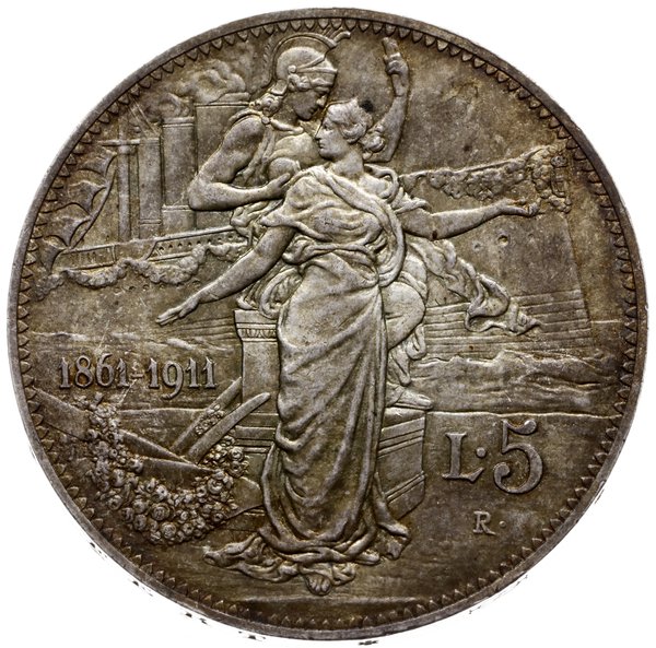 5 lirów 1911, wybite z okazji 50-lecia królestwa