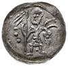 denar z lat 1146-1157; Aw: Rycerz stojący na wprost z proporcem i tarczą w dłoniach, po bokach kul..